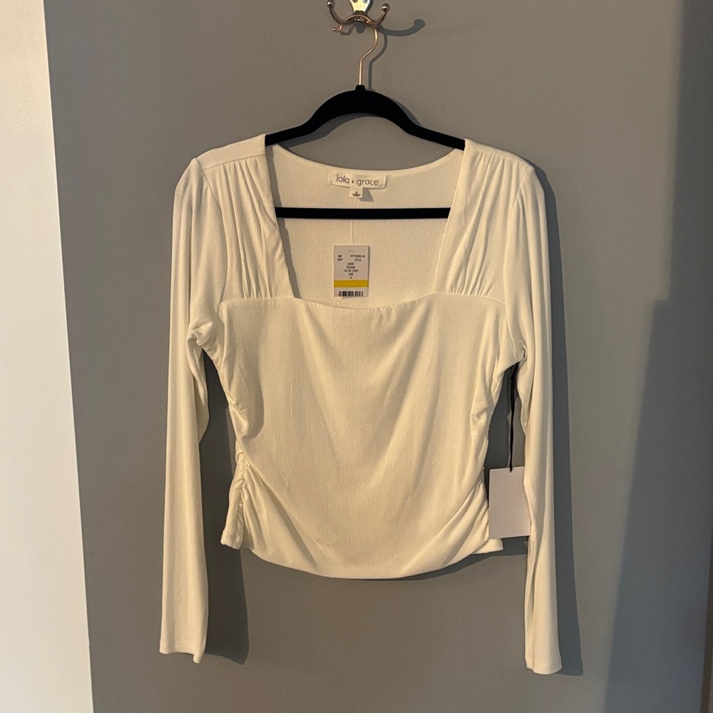 White Square Neck Ruched Long Sleeve Top
